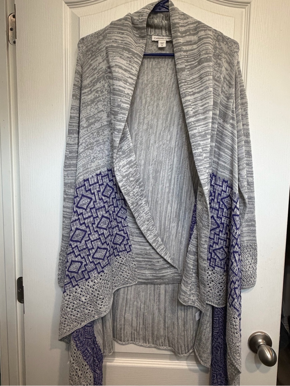 Coldwater Creek Gray Draped Cardigan with Purple Geometric Accents